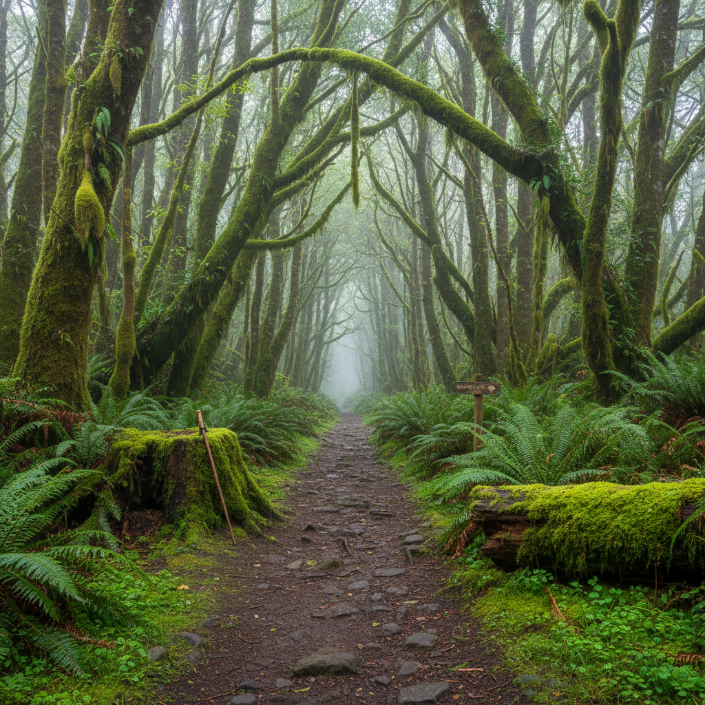 A lush, moss-covered forest trail during a light mist, with the path made of damp, dark soil and scattered stones, bordered by vibrant ferns, fallen logs, and towering trees draped in green moss. Fine droplets of mist hang in the air, softening the distant trunks into a gentle blur. The diffused overcast light is cool and even, creating a tranquil, almost enchanted atmosphere. Photographic realism with an eye-level composition centers the trail, using symmetrical framing from the trees on either side to create a tunnel-like effect. Small details like a neatly placed hiking pole leaning against a stump and a trail sign partially obscured by foliage hint at respectful, low-impact hiking. The mood is serene and contemplative, perfect for solo hikes and quiet reflection, with no people visible.