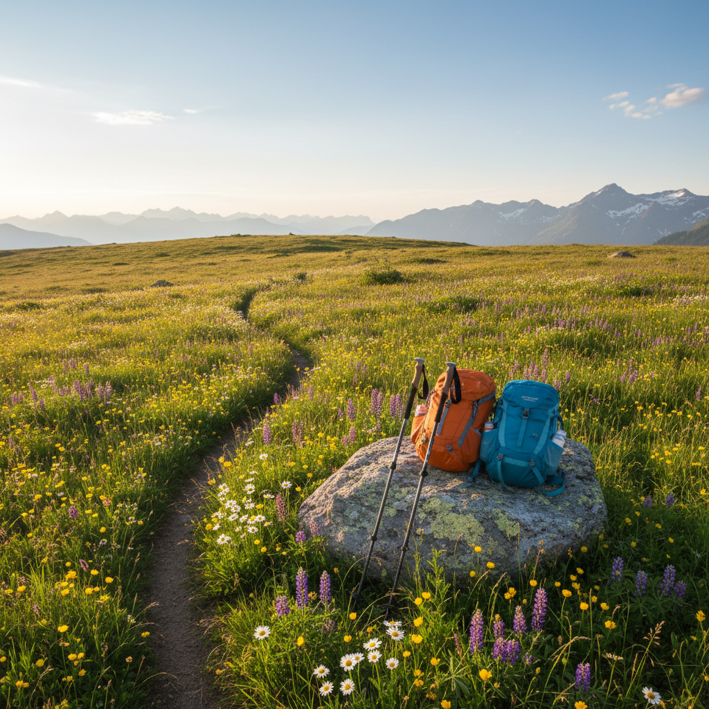 A sunlit meadow high in the mountains, cut by a zigzagging dirt trail that gently climbs through knee-high wildflowers in shades of yellow, purple, and white. In the foreground, two pairs of trekking poles are planted upright in the grass beside a resting boulder, along with a couple of colorful, compact daypacks set carefully on the rock, suggesting a paused group outing. Late afternoon light bathes the scene in a warm, golden glow, casting soft, elongated shadows across the meadow. Photographic realism with a slightly elevated, wide-angle view emphasizes the sweeping landscape and the playful, inviting feel of the setting. Distant snow-capped peaks rise on the horizon beneath a soft blue sky. The atmosphere is cheerful and social, yet still calm, representing group hiking without depicting any hikers.