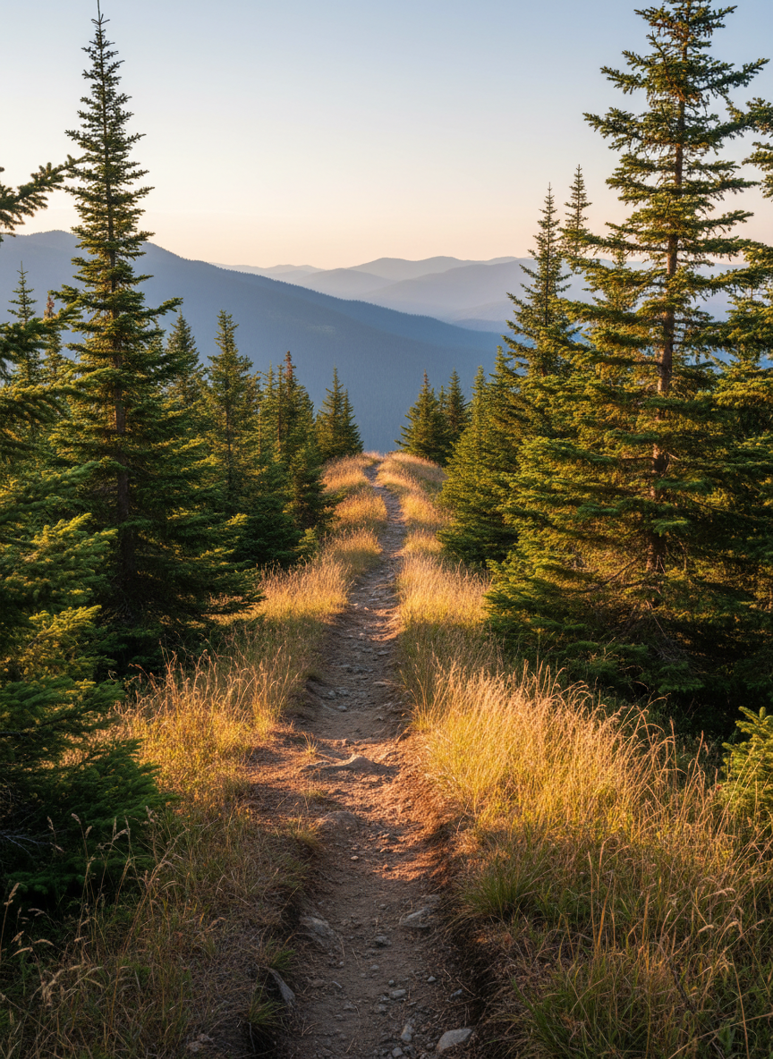 A narrow dirt hiking trail winding along a forested ridge, the path packed and slightly dusty with scattered pine needles and small rocks. On either side, tall evergreens and golden grasses sway gently, framing glimpses of distant blue mountains and a valley far below. Late afternoon golden hour sunlight filters through the trees, creating dappled highlights on the trail and soft, playful shadows from branches. Captured in photographic realism from a slightly elevated, eye-level angle, the composition follows the rule of thirds, drawing the viewer’s eye along the curving path toward the glowing horizon. The mood is adventurous yet serene, inviting exploration and discovery without showing any people, just pure, untouched wilderness.