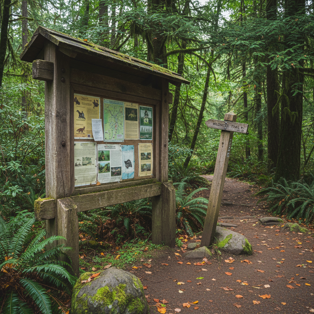 A cozy trailhead scene featuring a sturdy wooden information board, a weathered trail marker post, and a well-trodden path disappearing into dense green forest. The board’s surface is textured and worn, with visible screw heads and a faint patina, while the post leans slightly, surrounded by ferns, mossy rocks, and fallen leaves. Soft overcast light creates even, diffused illumination, muting shadows and emphasizing earthy browns and deep greens. Photographic realism with an eye-level composition places the information board on the left third and the inviting trail on the right, giving a playful sense of “choose your own adventure.” The atmosphere feels welcoming and slightly mysterious, suggesting the start of a hike full of stories, etiquette lessons, and discoveries ahead, with no hikers present.