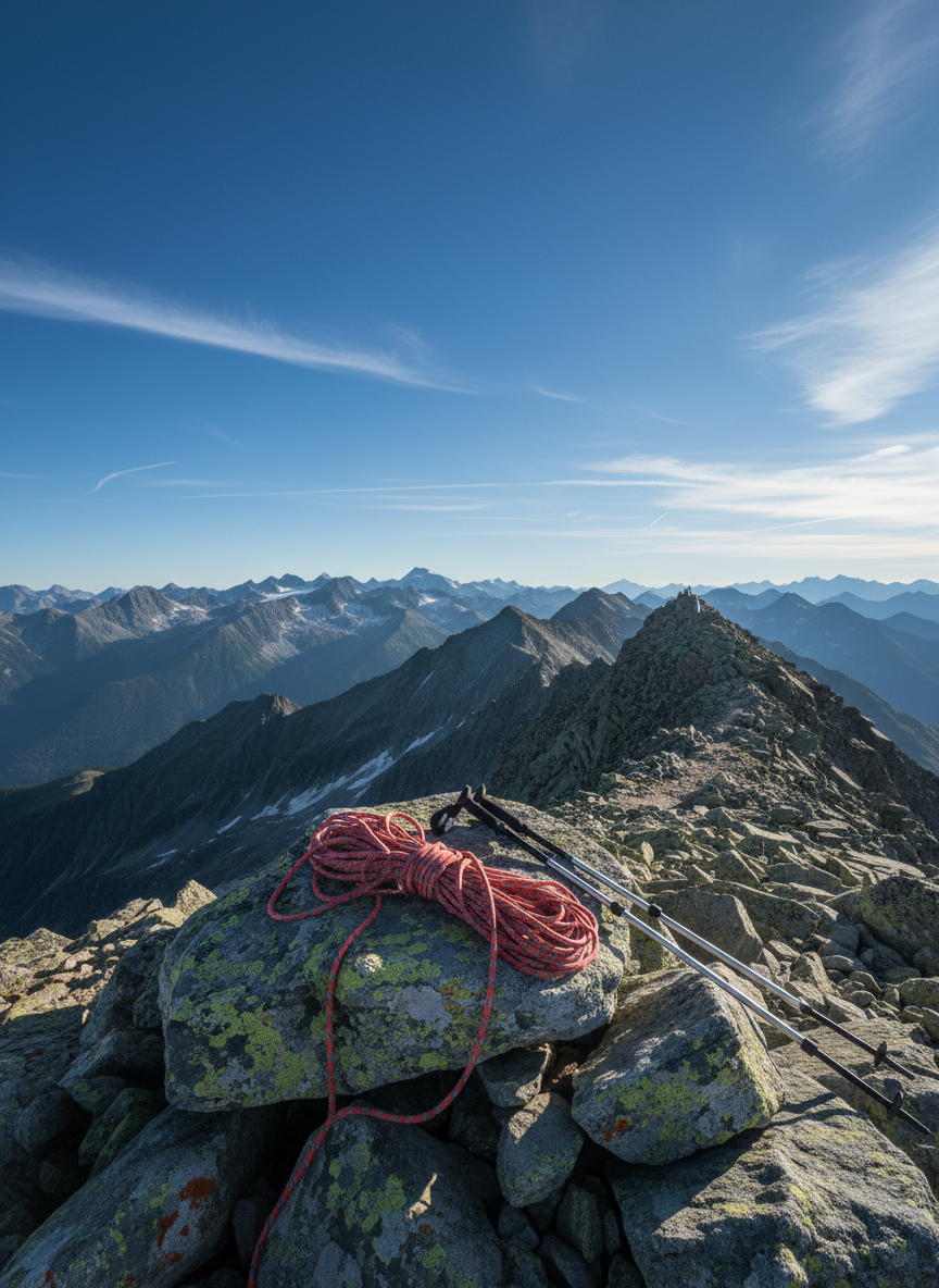 A panoramic alpine vista from a mountain summit, featuring a rocky outcrop in the foreground with lichen-covered boulders, a coiled hiking rope, and a set of trekking poles carefully laid against the stones. Beyond, layers of jagged peaks recede into the distance under a vast, crisp blue sky dotted with thin, wispy clouds. Early morning light casts a cool, clear glow, accentuating textures in the rocks and creating long, delicate shadows that hint at the trail just climbed. Captured in photographic realism with a wide-angle lens, the low camera angle emphasizes depth and scale, leading the viewer’s eye from the detailed gear to the expansive horizon. The mood is triumphant yet peaceful, celebrating the joy of reaching the top through preparation and safe hiking practices, without any human figures.
