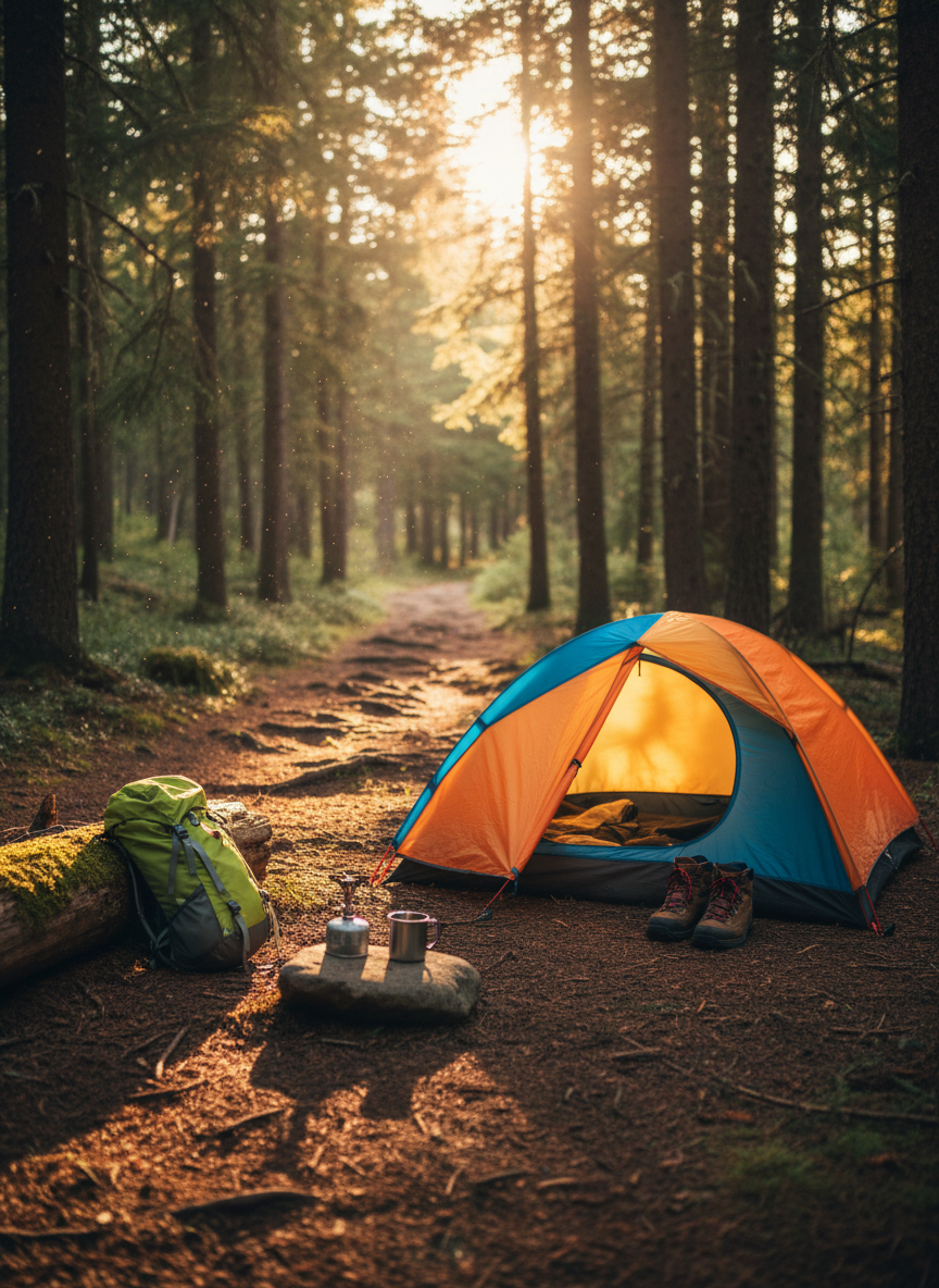 A playful campsite beside a forest trail, with a small, bright-colored tent pitched on a flat clearing of pine needles and soft earth, a pair of sturdy hiking boots neatly placed outside the entrance, and a lightweight backpack leaning against a nearby log. A compact camp stove rests on a smooth rock, with a metal mug beside it. Warm golden hour sunlight filters through the trees, creating a cozy glow on the tent fabric and highlighting floating dust motes. Photographic realism, shot from a low, three-quarter angle, gives a sense of being at ground level, ready to step into the scene. The background trail curves gently into the woods, slightly blurred for depth. The mood is inviting, playful, and safe, evoking stories of overnight hikes and group adventures without showing any people.