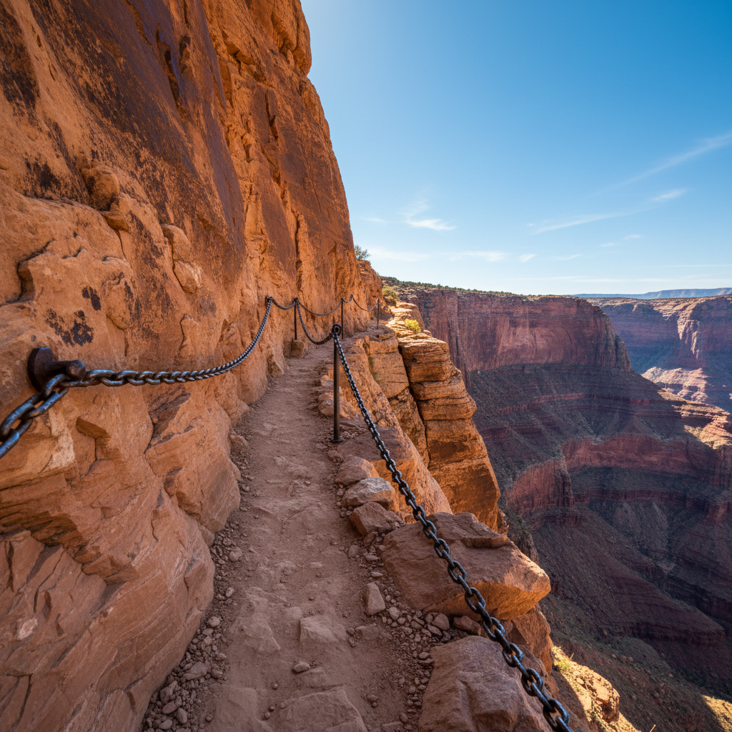 A narrow cliffside trail carved into red sandstone, snaking along the edge of a dramatic canyon with layered rock walls dropping steeply into shadowy depths. The trail is marked by a simple metal chain railing anchored into the rock, its surface slightly worn and catching highlights from the desert sun. Midday sunlight is bright but not harsh, illuminating the warm oranges and reds of the canyon walls and the cool blue sky above. In photographic realism, the composition uses a leading line perspective, with the camera placed low and close to the trail so the path pulls the viewer forward while the sheer drop remains just visible to the side. The mood is exhilarating and slightly daring, underscoring the importance of caution and safety on exposed routes, with no human presence.