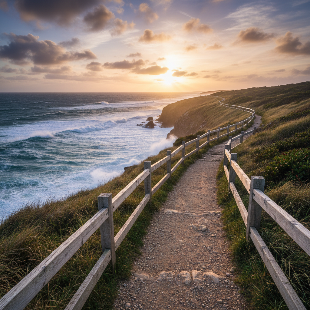 A coastal cliff trail overlooking a restless ocean, the path made of compacted sand and gravel, edged by hardy coastal grasses and low shrubs bending slightly in the wind. A sturdy wooden fence, weathered to a silvery gray, traces the trail’s outer edge, reinforcing safety along the steep drop. Late afternoon sun breaks through scattered clouds, casting dynamic patches of light and shadow across the path and the rolling waves below. Photographic realism with a rule-of-thirds composition places the trail and fence in the lower portion, leaving ample space for the dramatic sky and sea. The mood is invigorating and slightly wild, capturing the thrill of seaside hikes and the importance of staying on marked paths, with no human figures included.